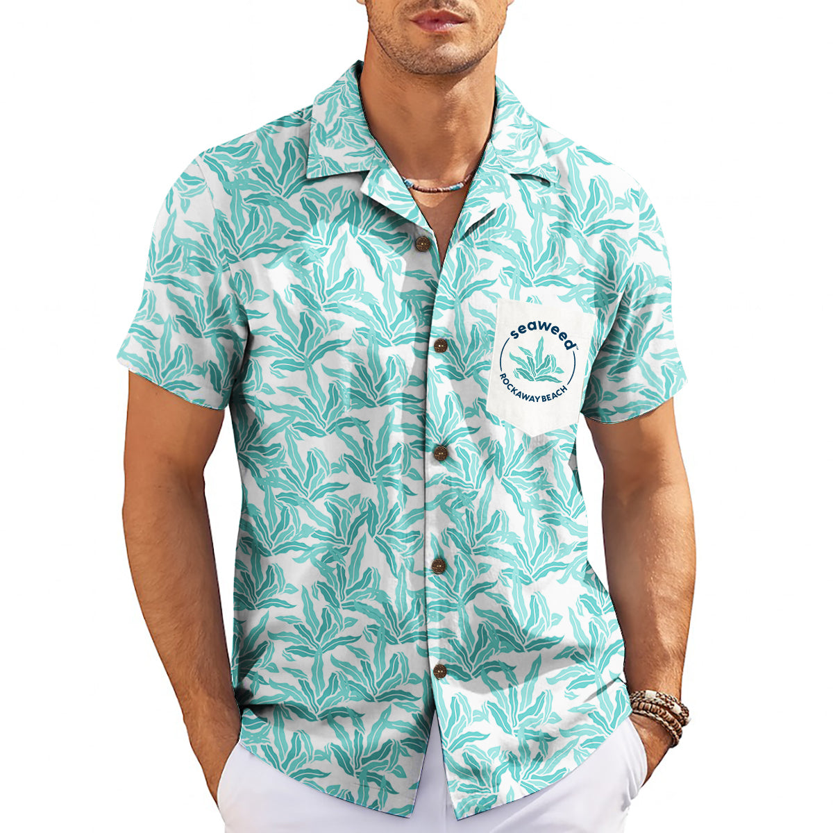 Teal kelp print camp shirt with Seaweed pocket logo variant 3
