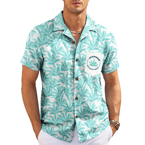 Teal kelp print camp shirt with Seaweed pocket logo variant 3