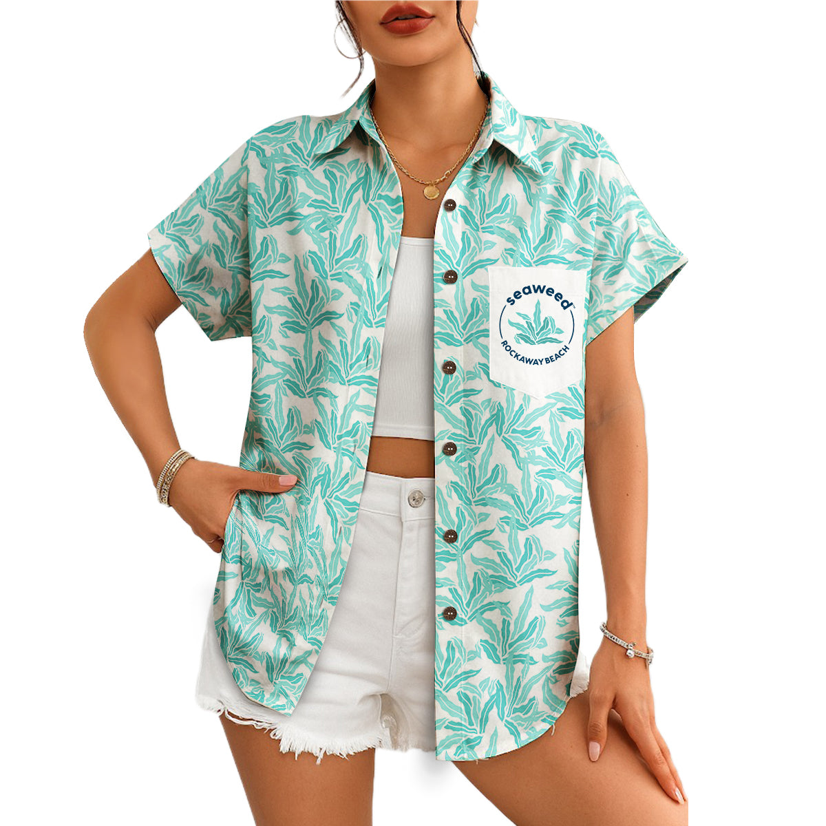 Teal kelp print camp shirt with Seaweed pocket logo variant 4