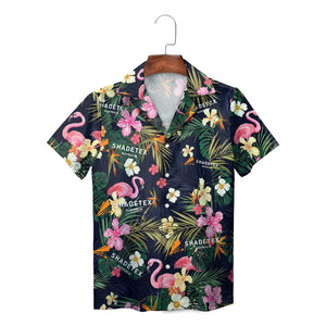 Navy Hawaiian shirt with pink flamingos palm leaves flowers