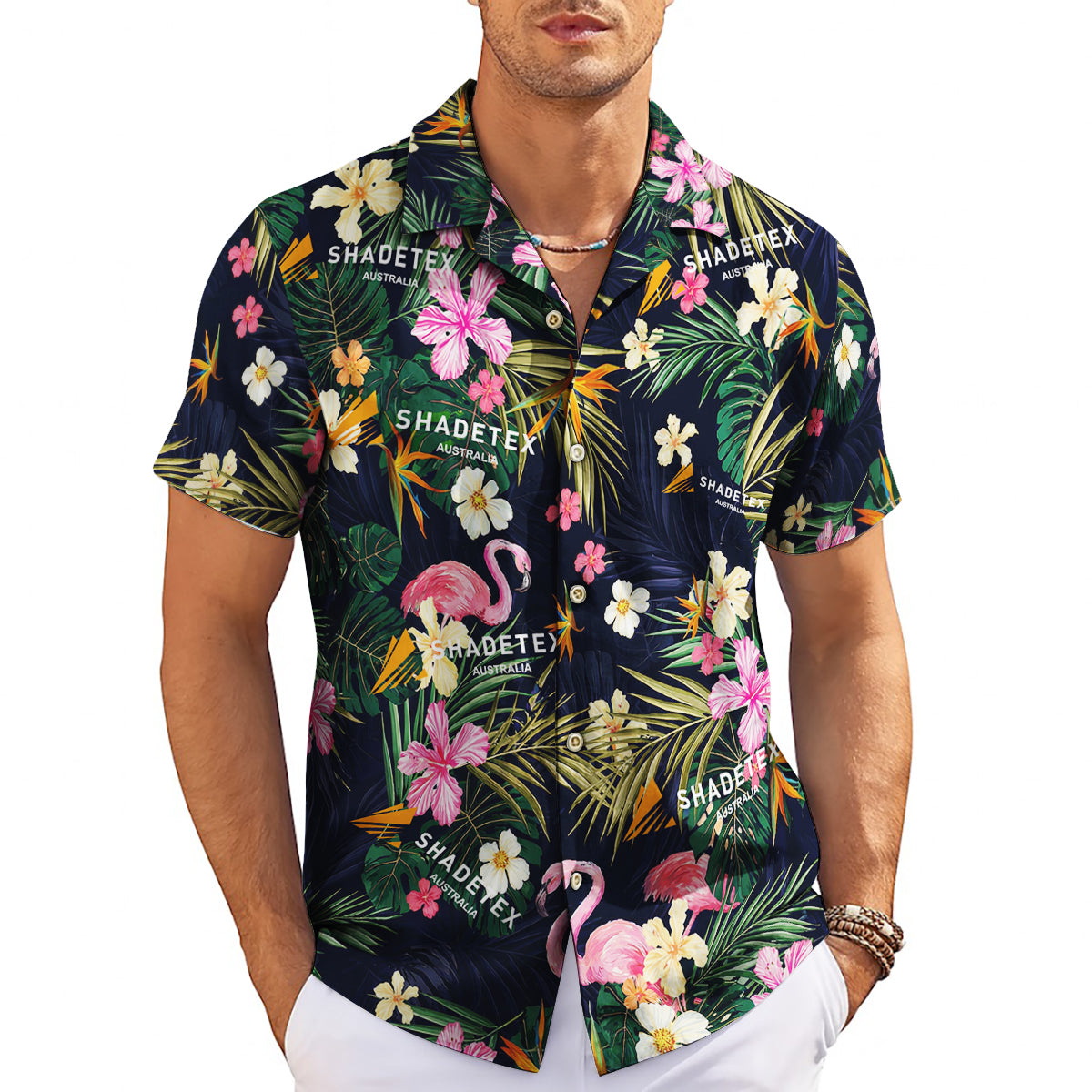 Navy Hawaiian shirt with pink flamingos palm leaves flowers variant 3