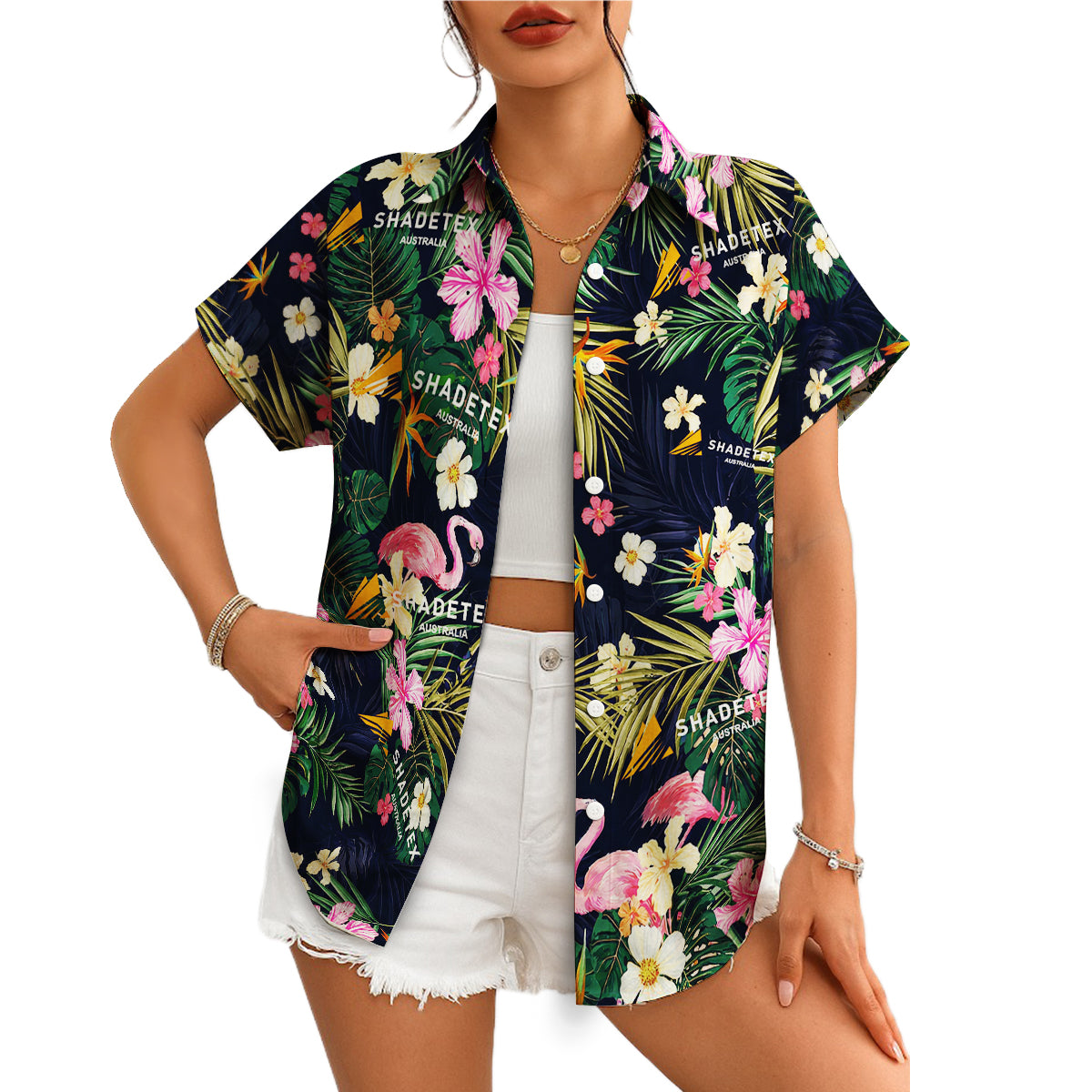 Navy Hawaiian shirt with pink flamingos palm leaves flowers variant 4