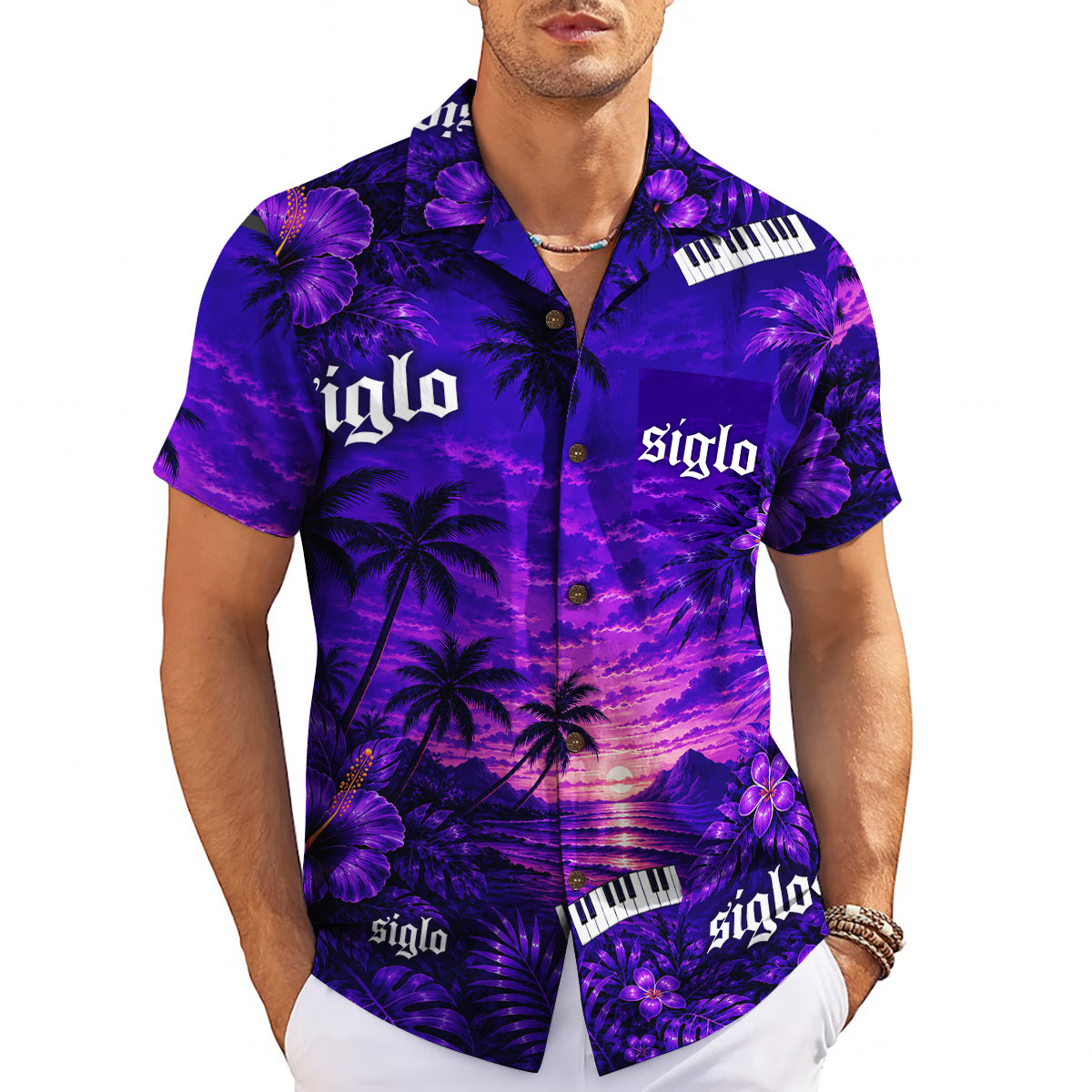 Black white floral palm beach short sleeve shirt variant 13