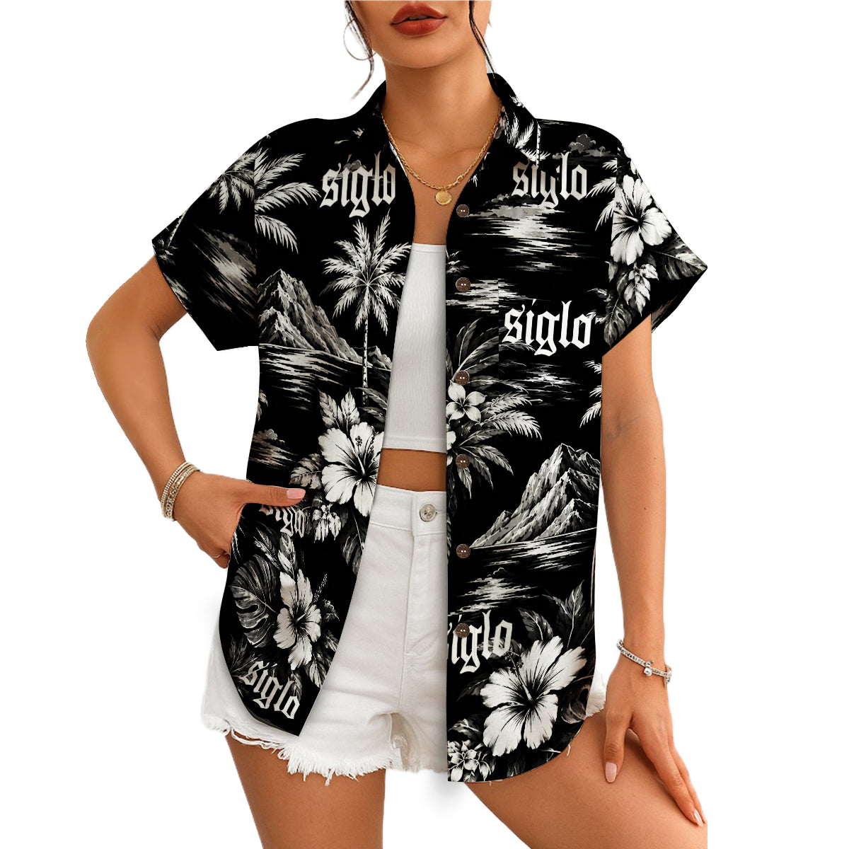 Black white floral palm beach short sleeve shirt variant 16