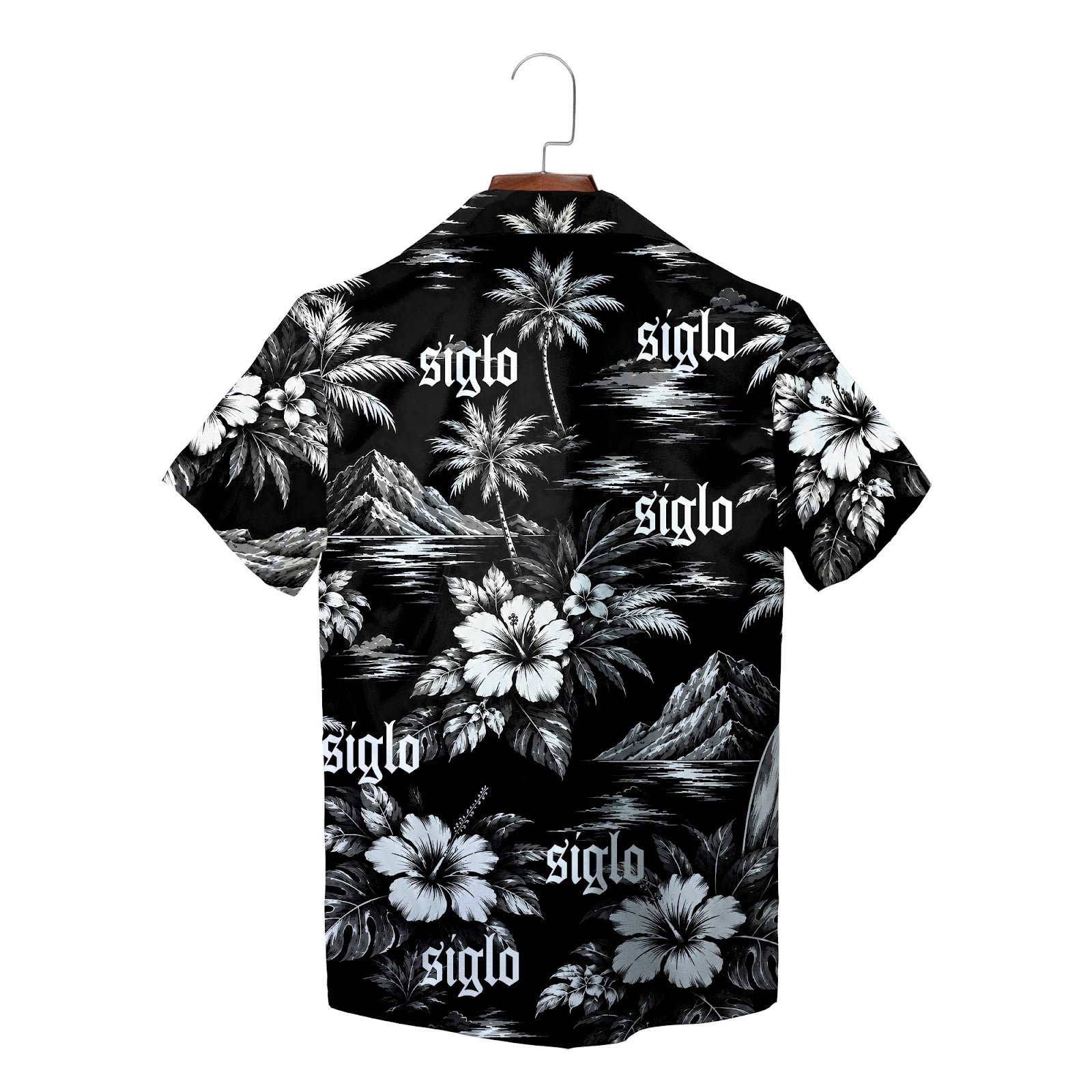 Black white floral palm beach short sleeve shirt variant 6