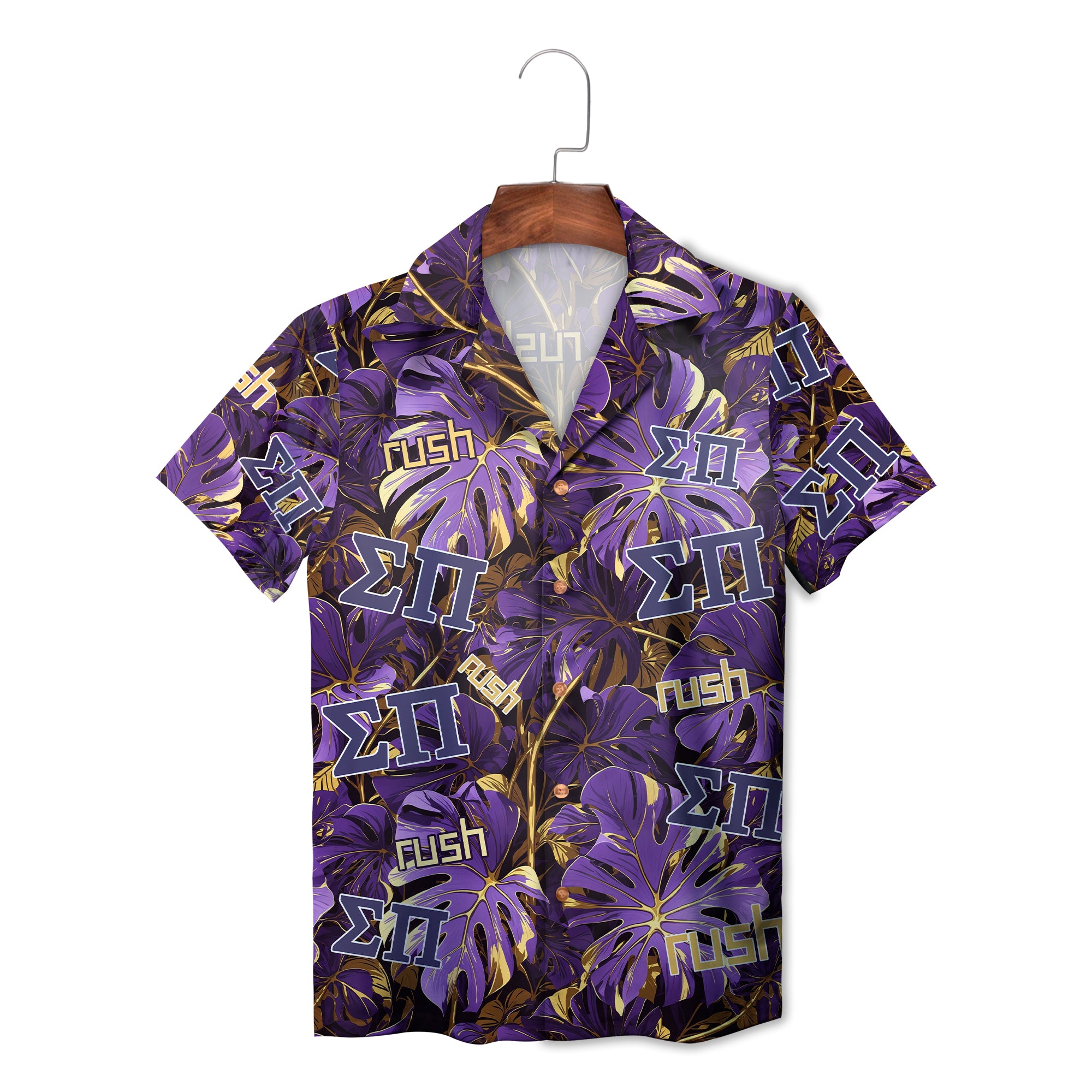 Pale blue button shirt showing Greek letters palm leaf print variant 2