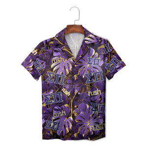 Pale blue button shirt showing Greek letters palm leaf print variant 2