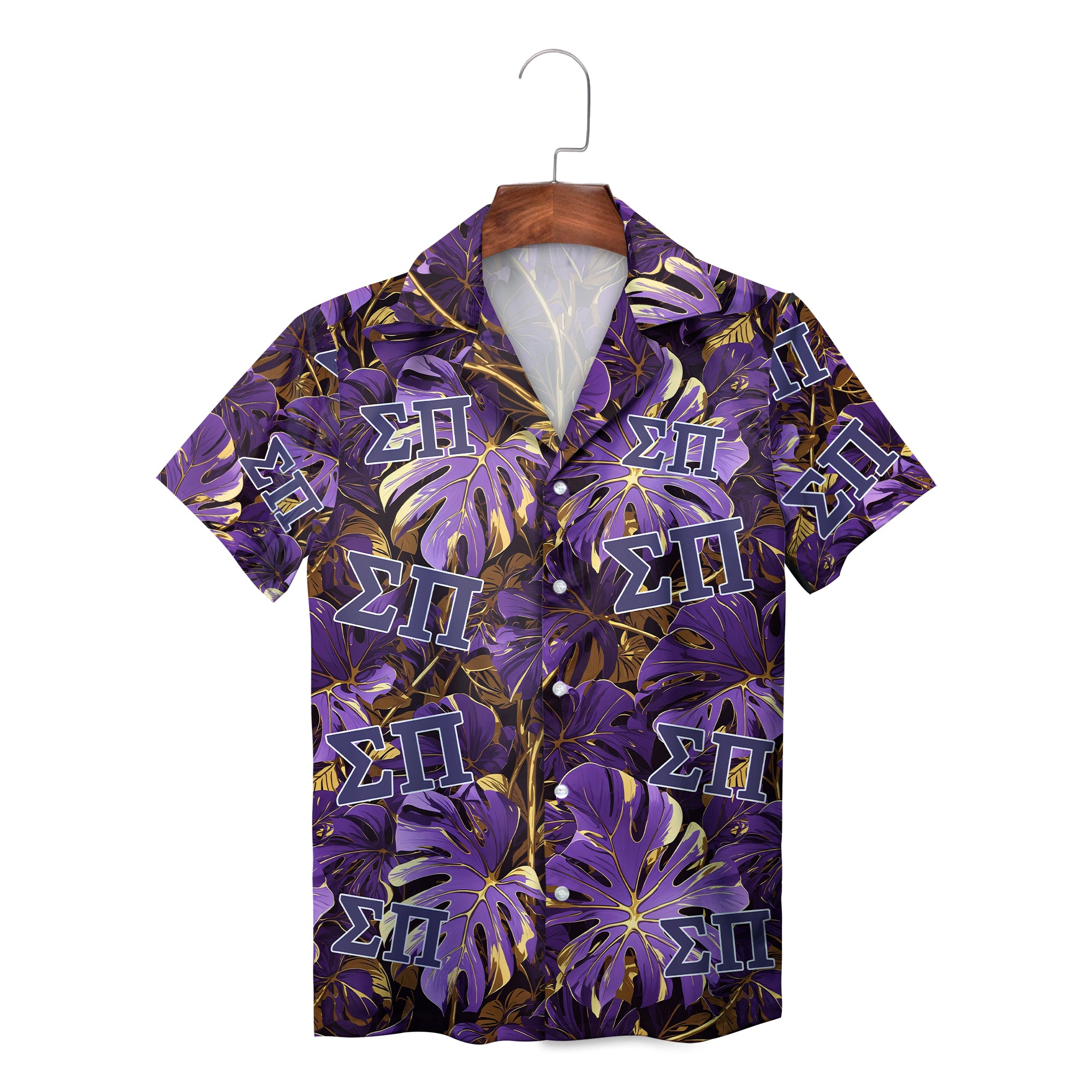 Pale blue button shirt showing Greek letters palm leaf print variant 4