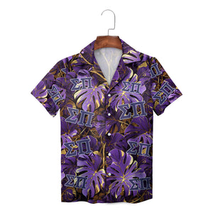Pale blue button shirt showing Greek letters palm leaf print variant 4