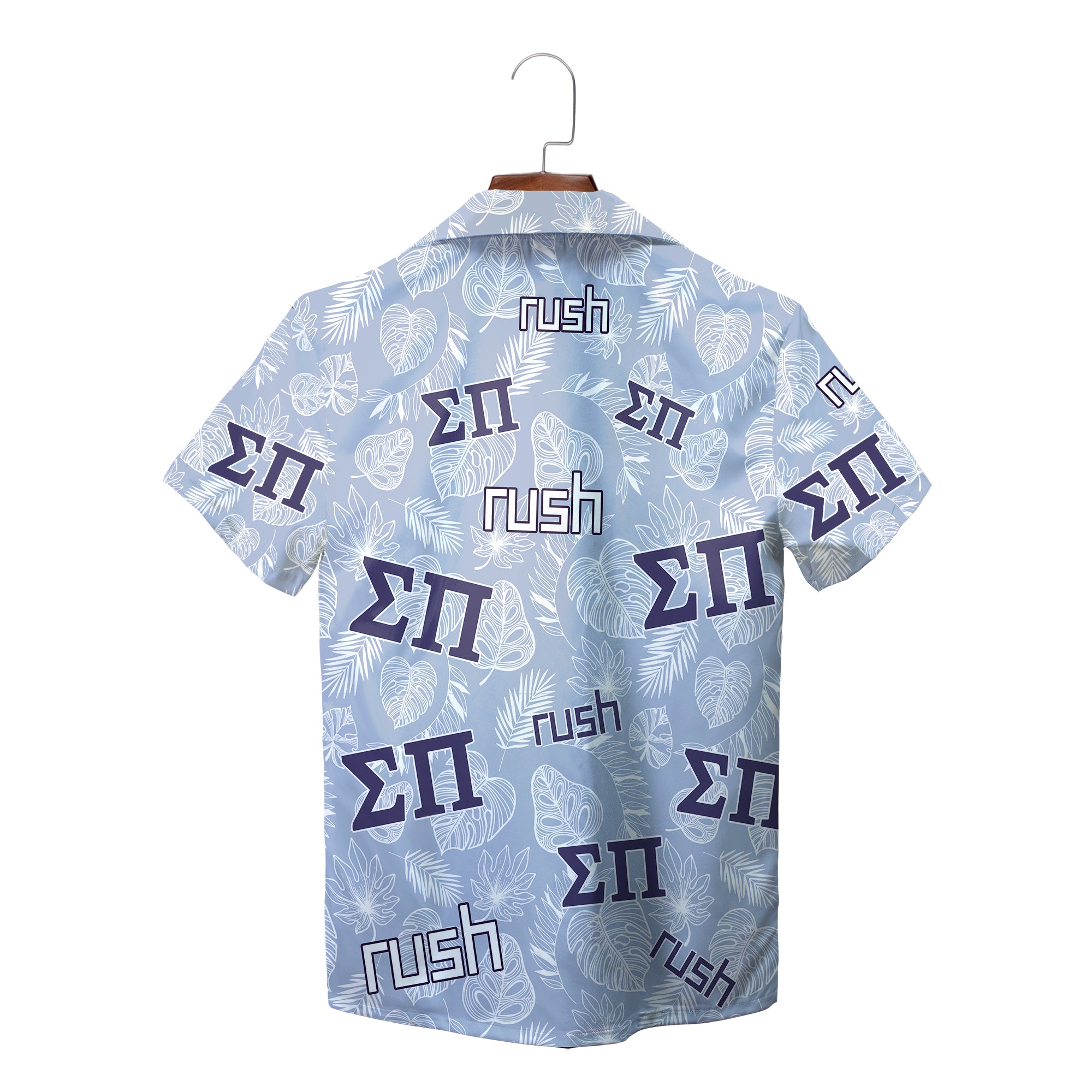 Pale blue button shirt showing Greek letters palm leaf print variant 5