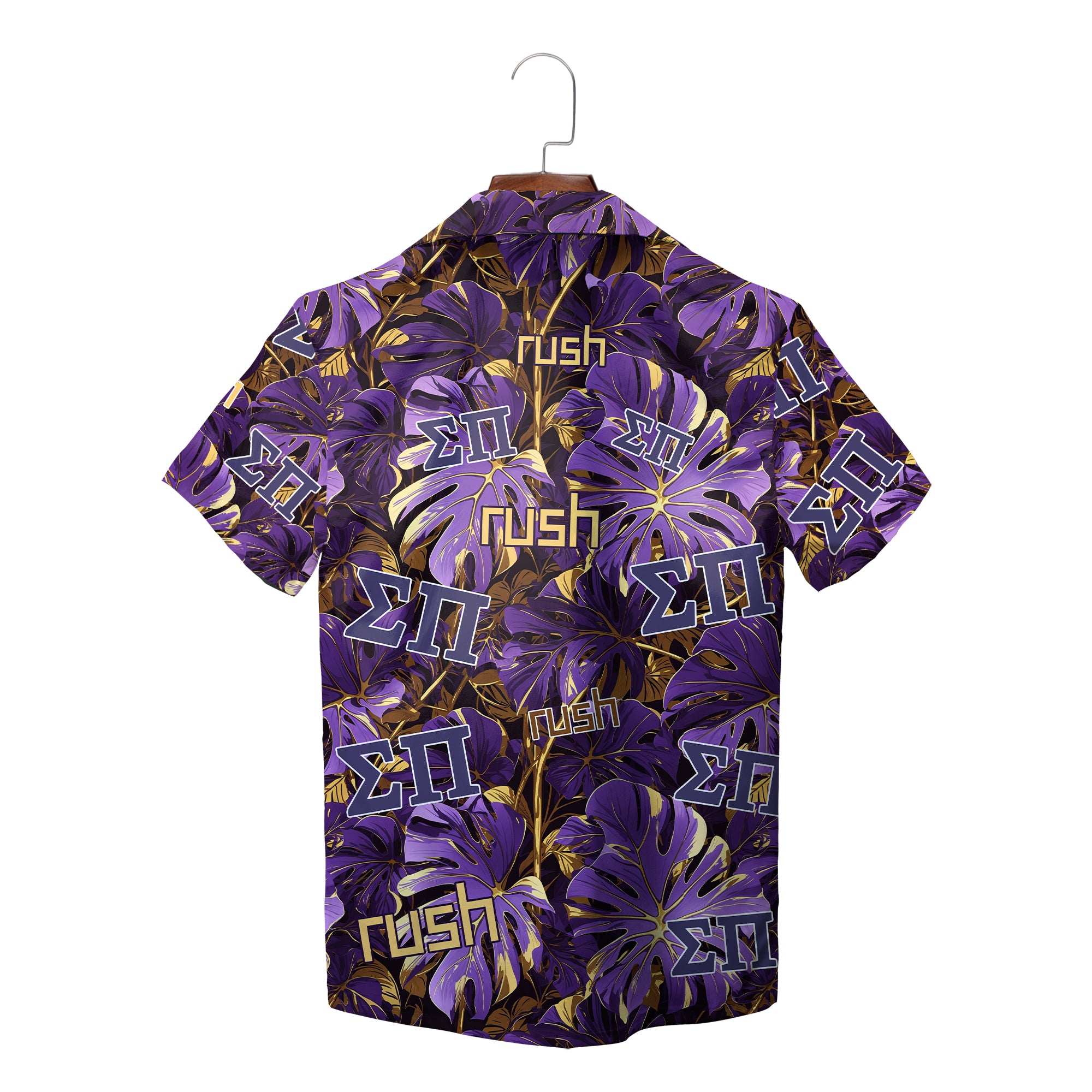 Pale blue button shirt showing Greek letters palm leaf print variant 6
