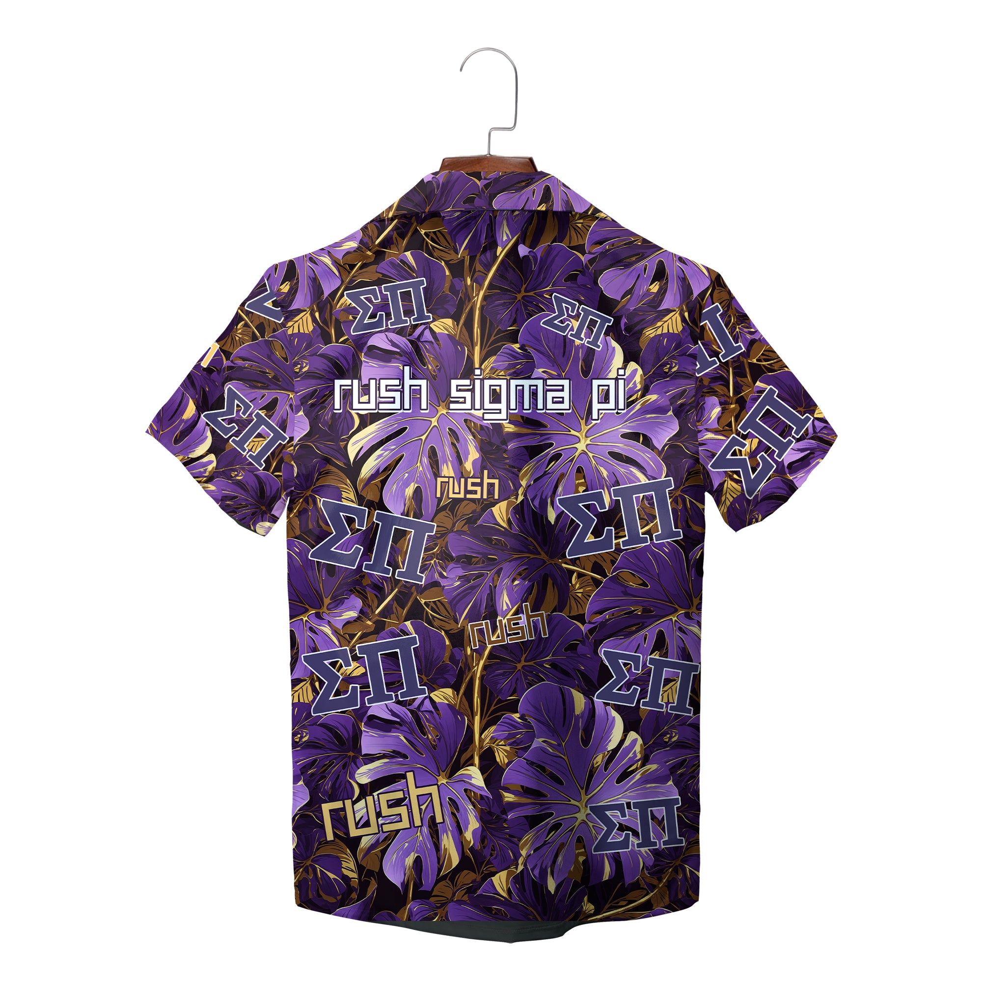 Pale blue button shirt showing Greek letters palm leaf print variant 7
