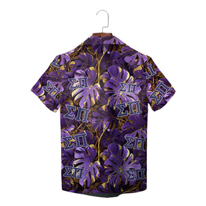 Pale blue button shirt showing Greek letters palm leaf print variant 8