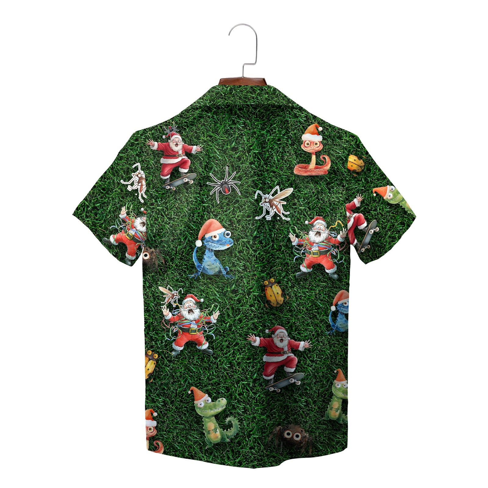 Green grass Hawaiian shirt with skating Santa and cartoon bugs variant 2