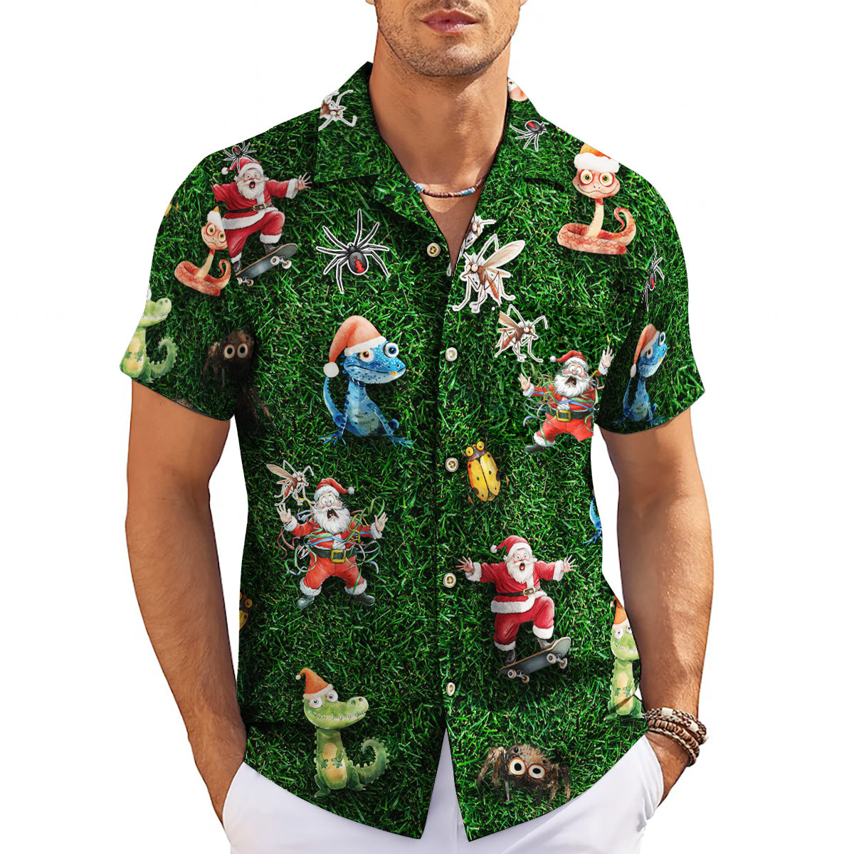 Green grass Hawaiian shirt with skating Santa and cartoon bugs variant 3