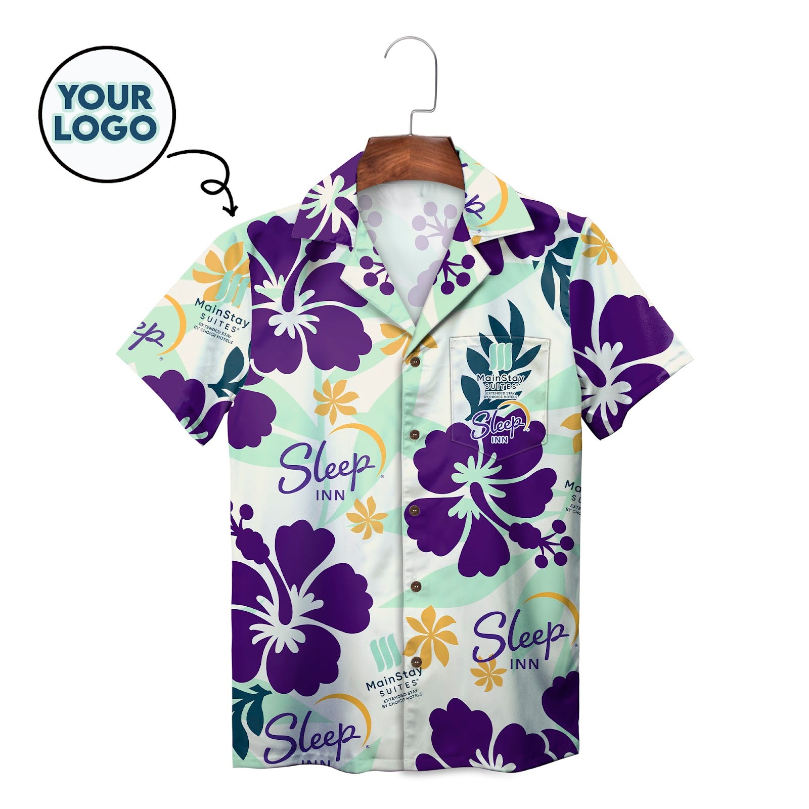 Camp shirt featuring violet hibiscus blooms hotel branding