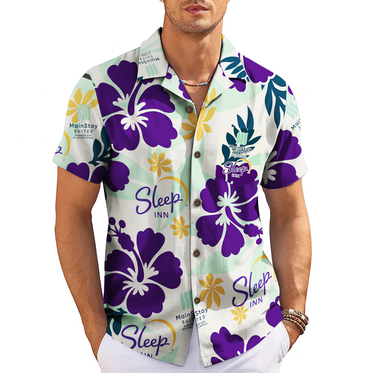 Camp shirt featuring violet hibiscus blooms hotel branding variant 3