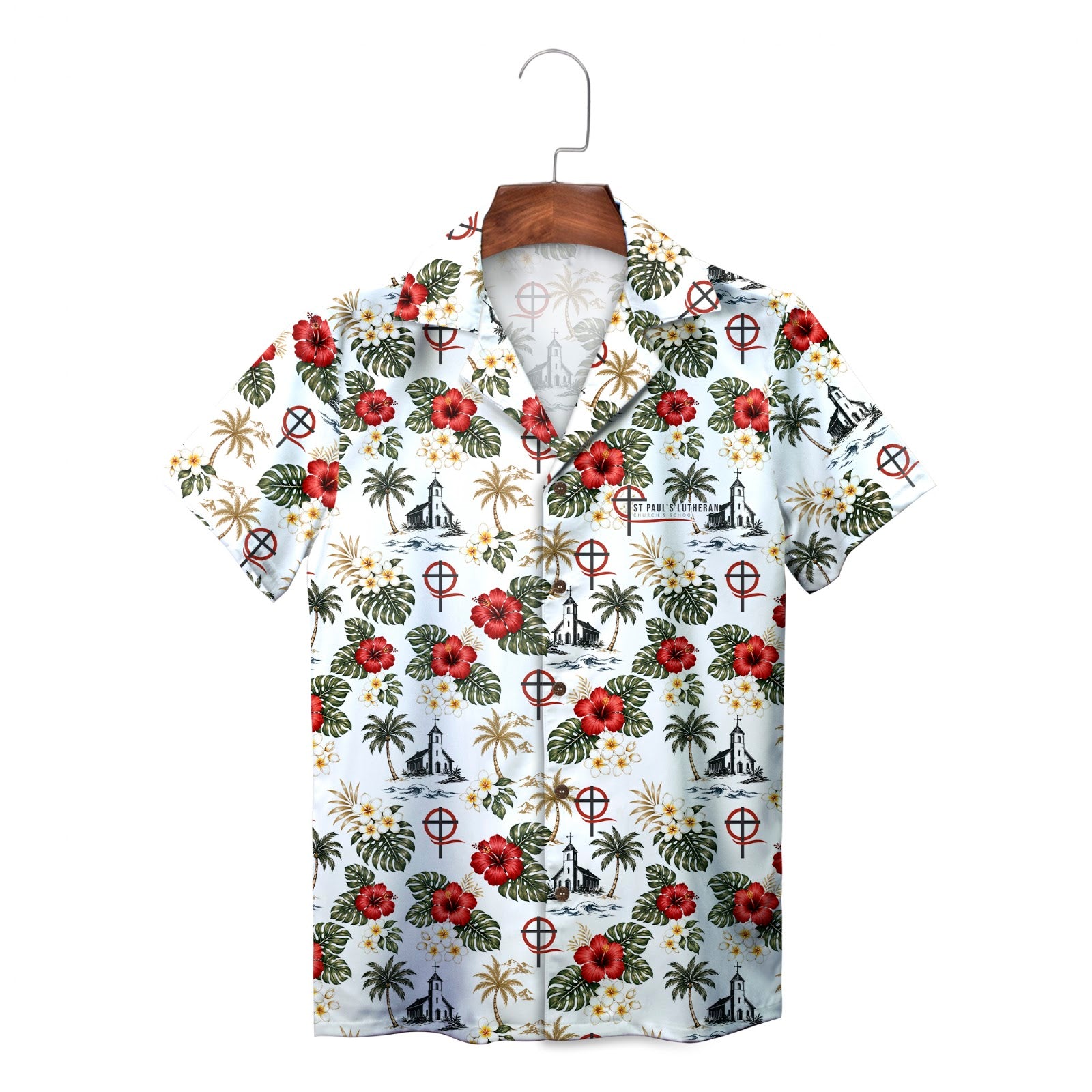 White tropical print shirt on wooden hanger, chapel motifs