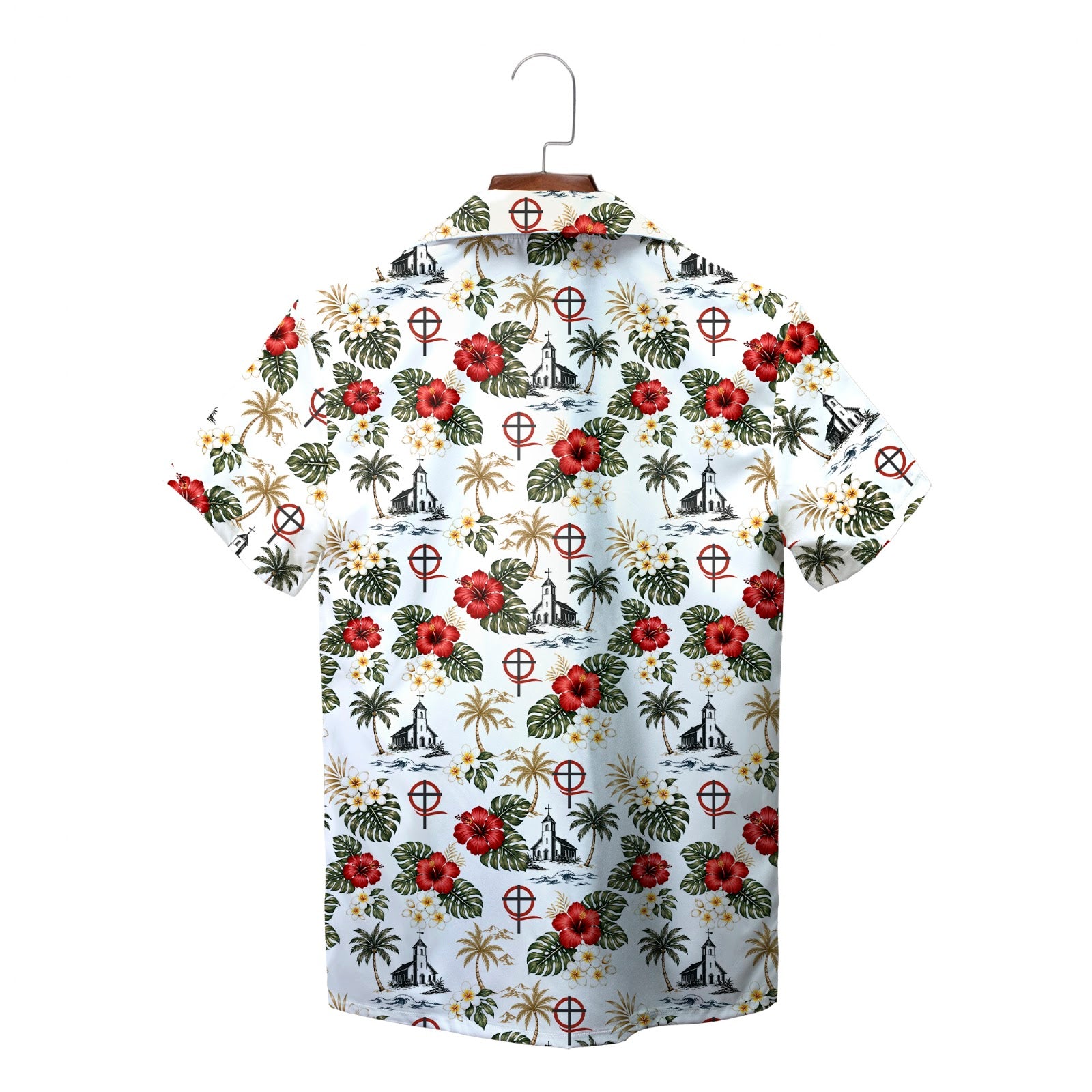 White tropical print shirt on wooden hanger, chapel motifs variant 2