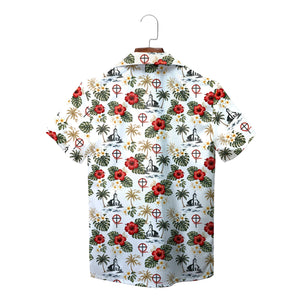 White tropical print shirt on wooden hanger, chapel motifs variant 2