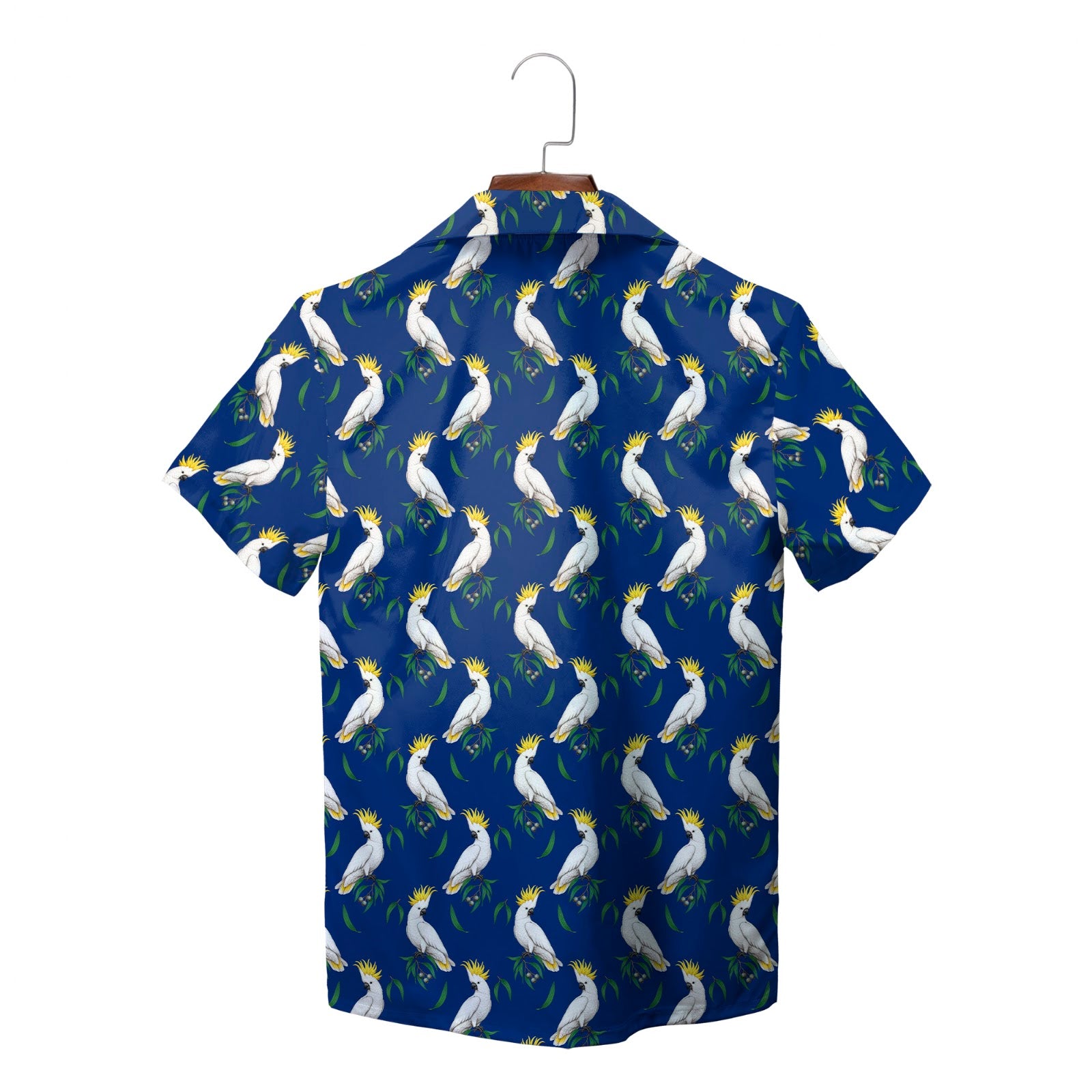White cockatoos on blue short sleeve shirt on hanger variant 2