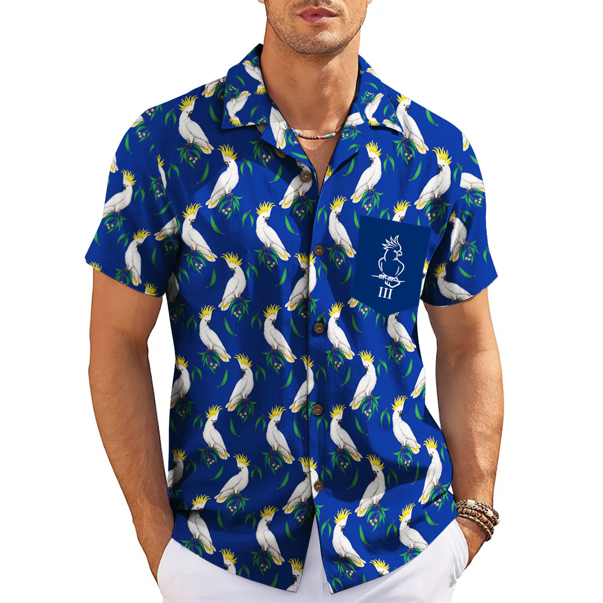White cockatoos on blue short sleeve shirt on hanger variant 3