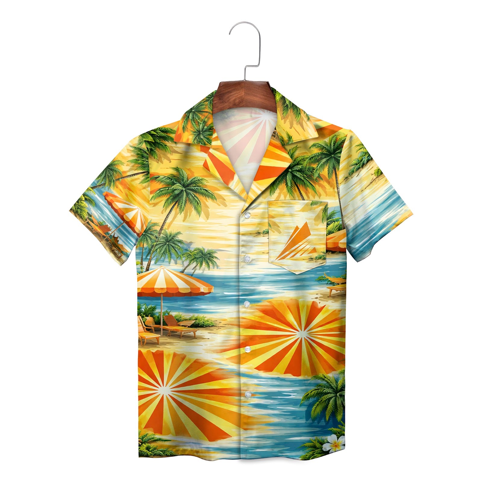Hawaiian shirt with sunburst palm tree beach umbrella print