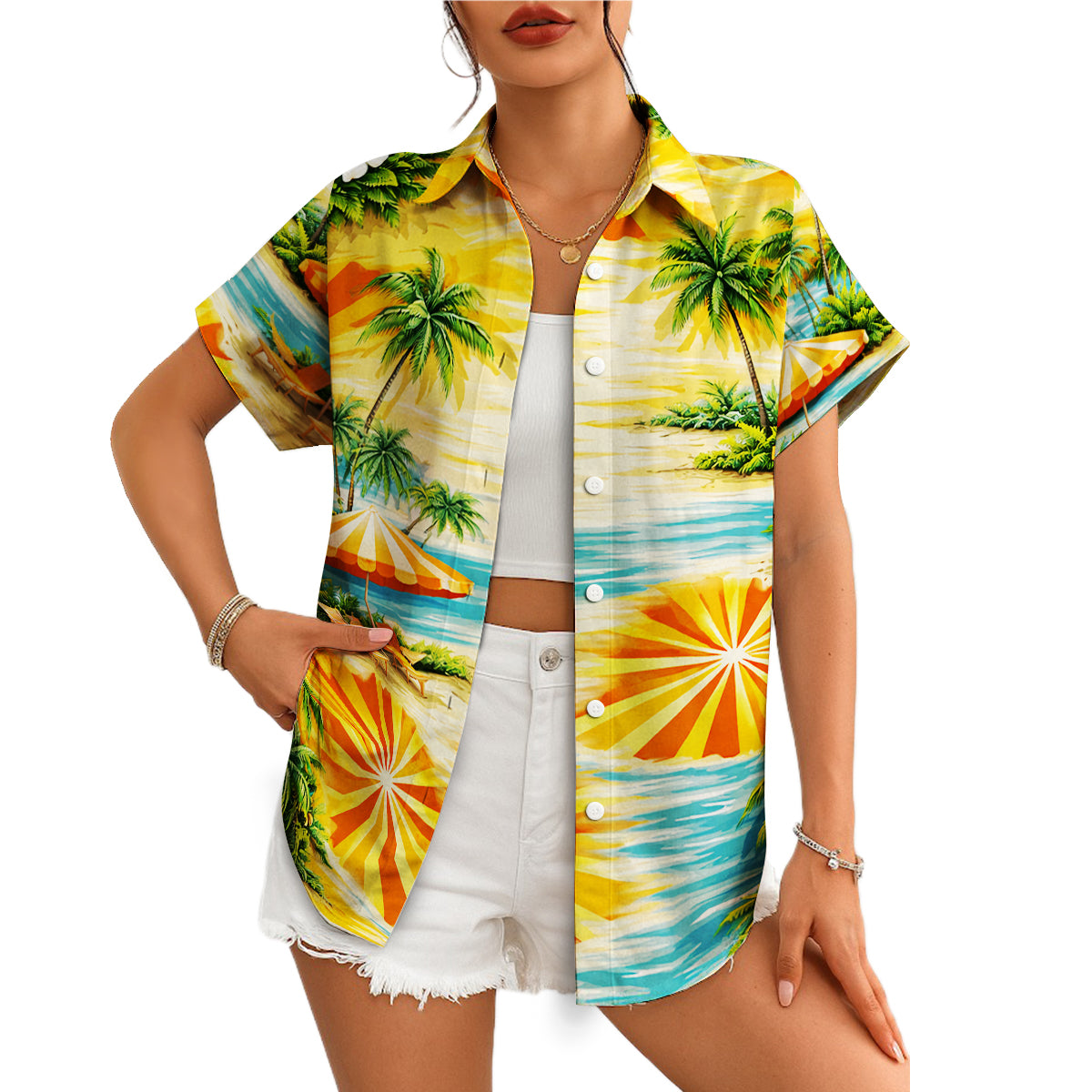 Hawaiian shirt with sunburst palm tree beach umbrella print variant 8
