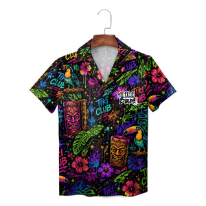 Colorful tiki mask toucan hibiscus aloha shirt on hanger