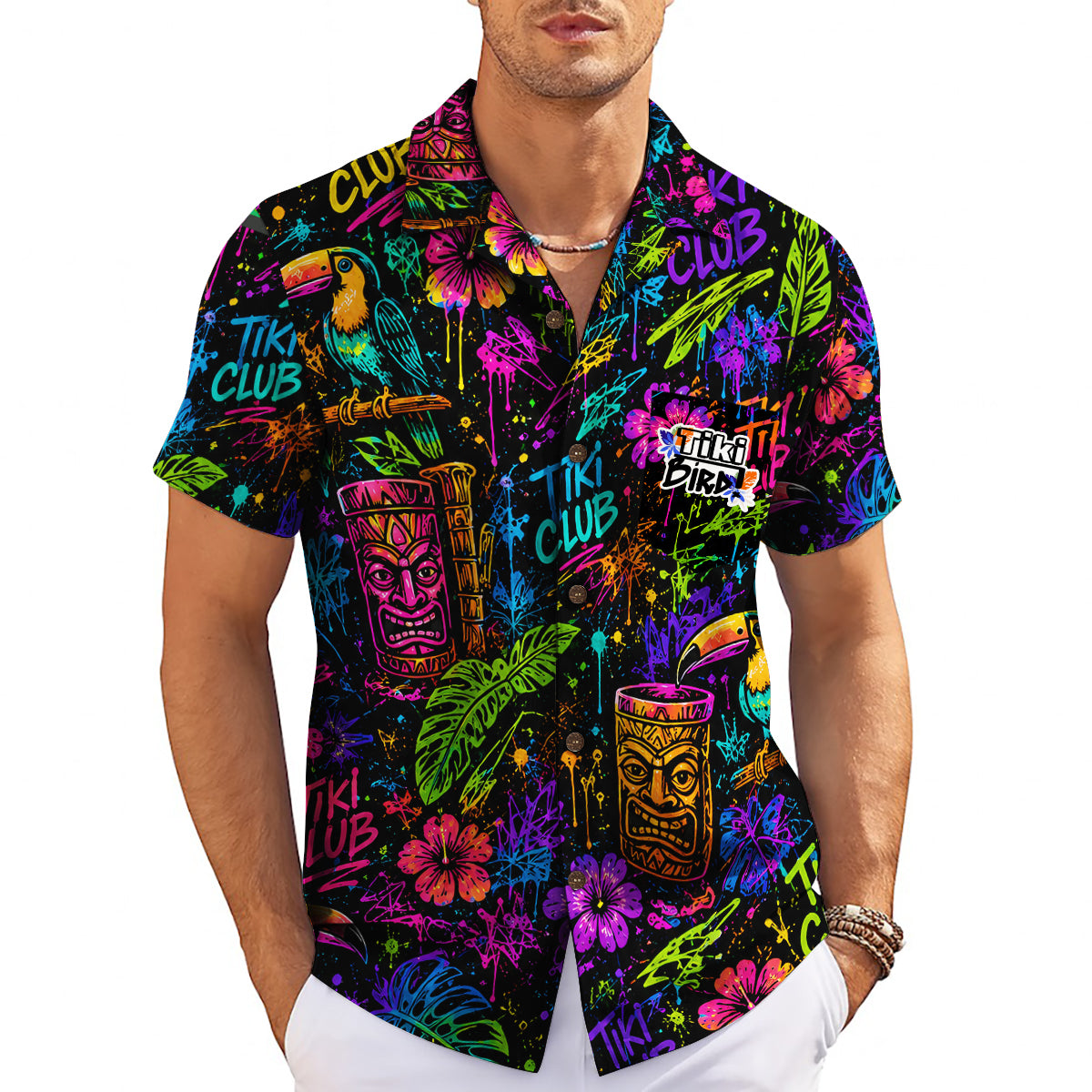 Colorful tiki mask toucan hibiscus aloha shirt on hanger variant 3