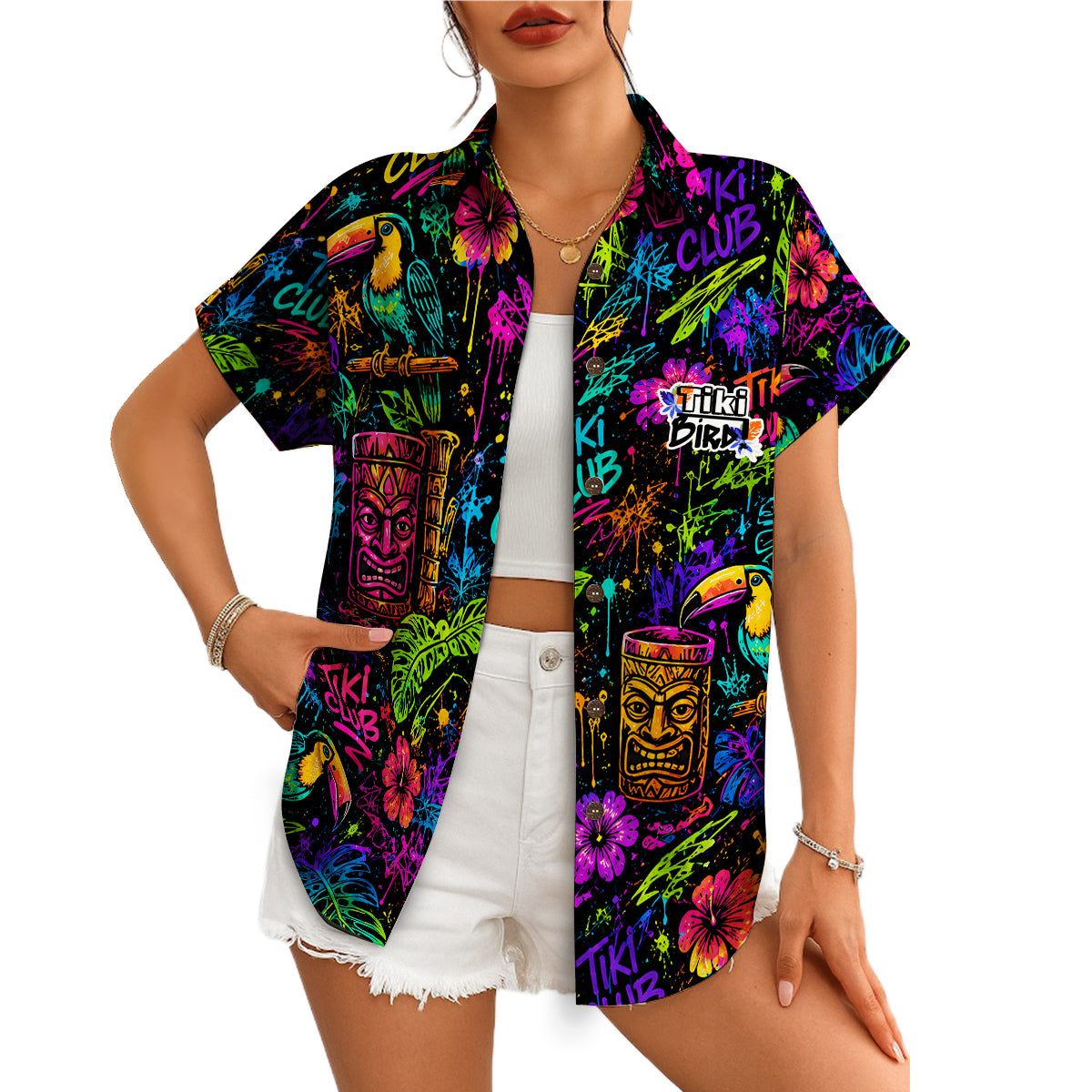 Colorful tiki mask toucan hibiscus aloha shirt on hanger variant 4