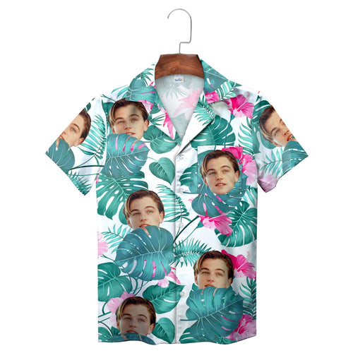 Tropical Green and Pink Flowers Face Hawaiian Shirt