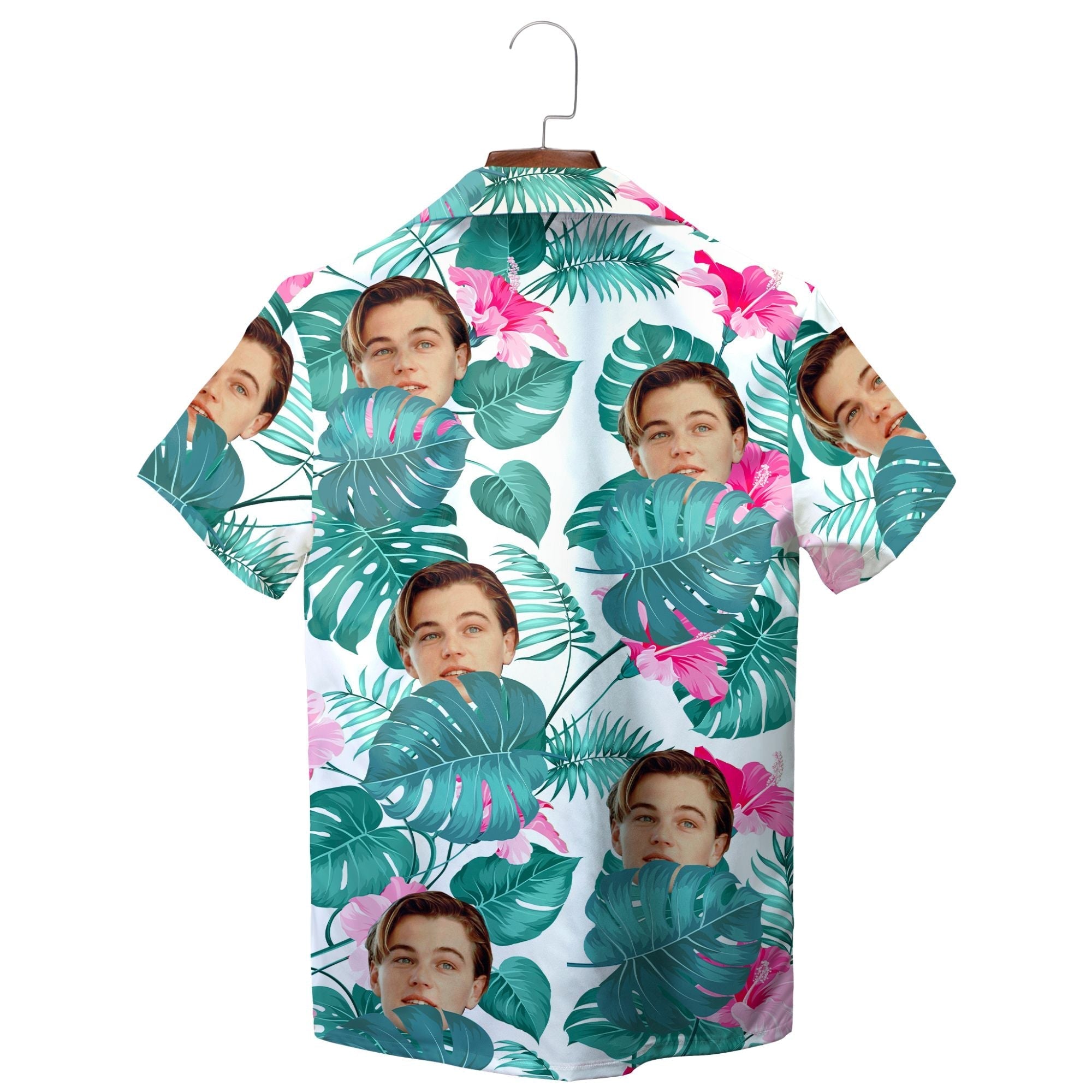 Tropical Green and Pink Flowers Face Hawaiian Shirt