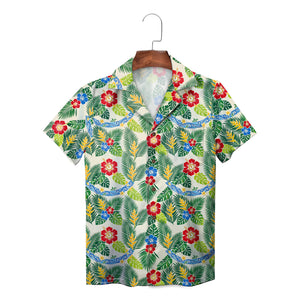 Cream aloha shirt featuring bright blooms green fronds