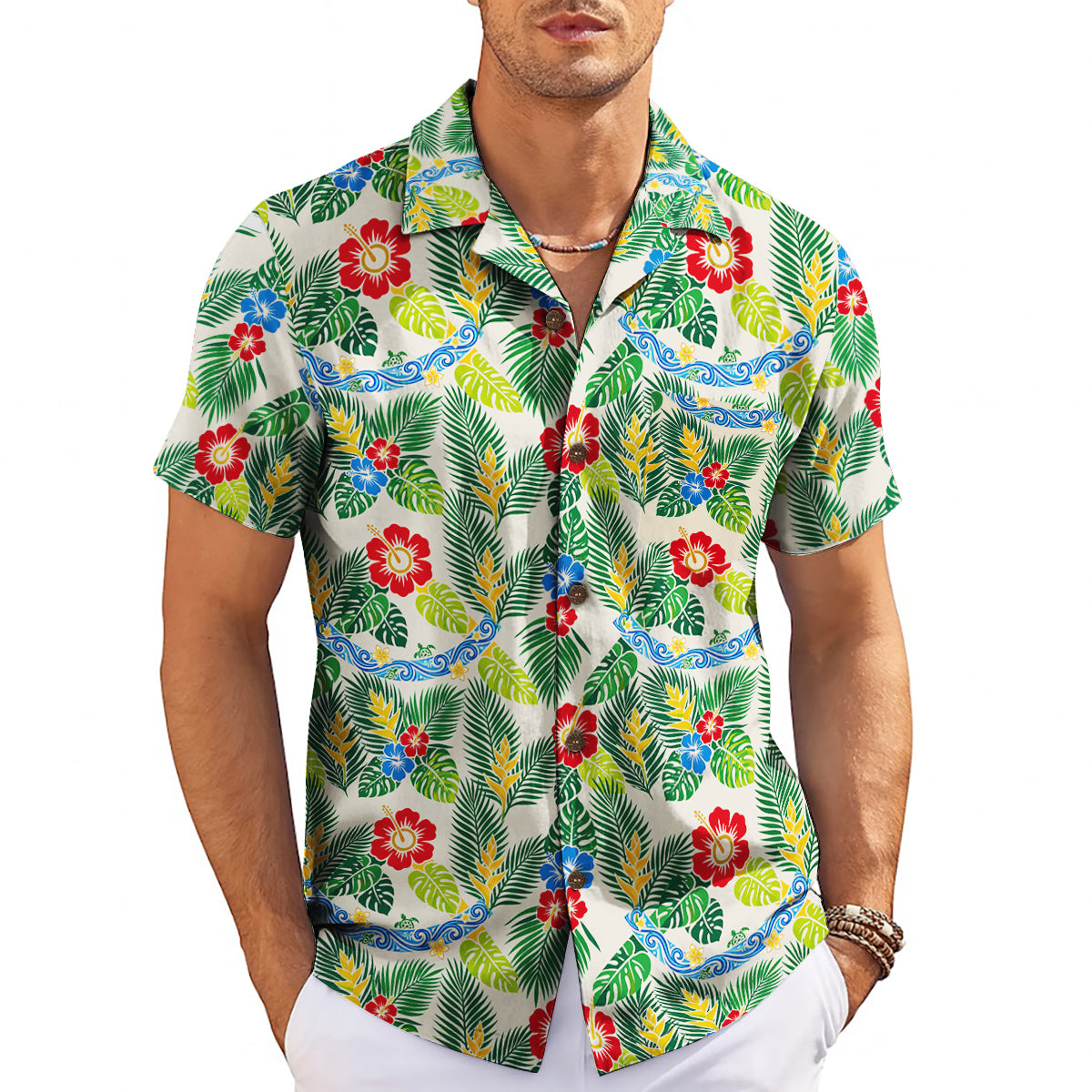 Cream aloha shirt featuring bright blooms green fronds variant 3
