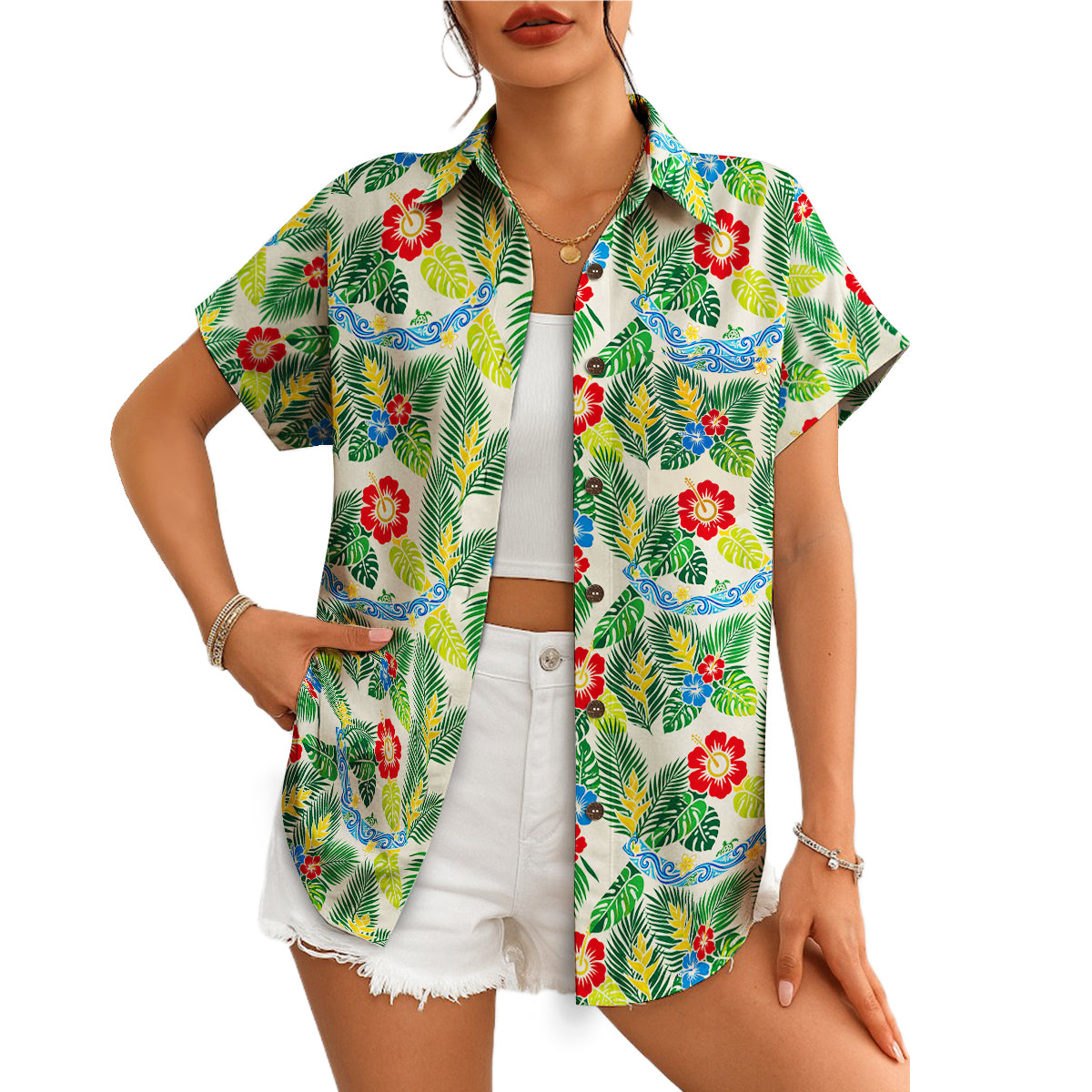 Cream aloha shirt featuring bright blooms green fronds variant 4