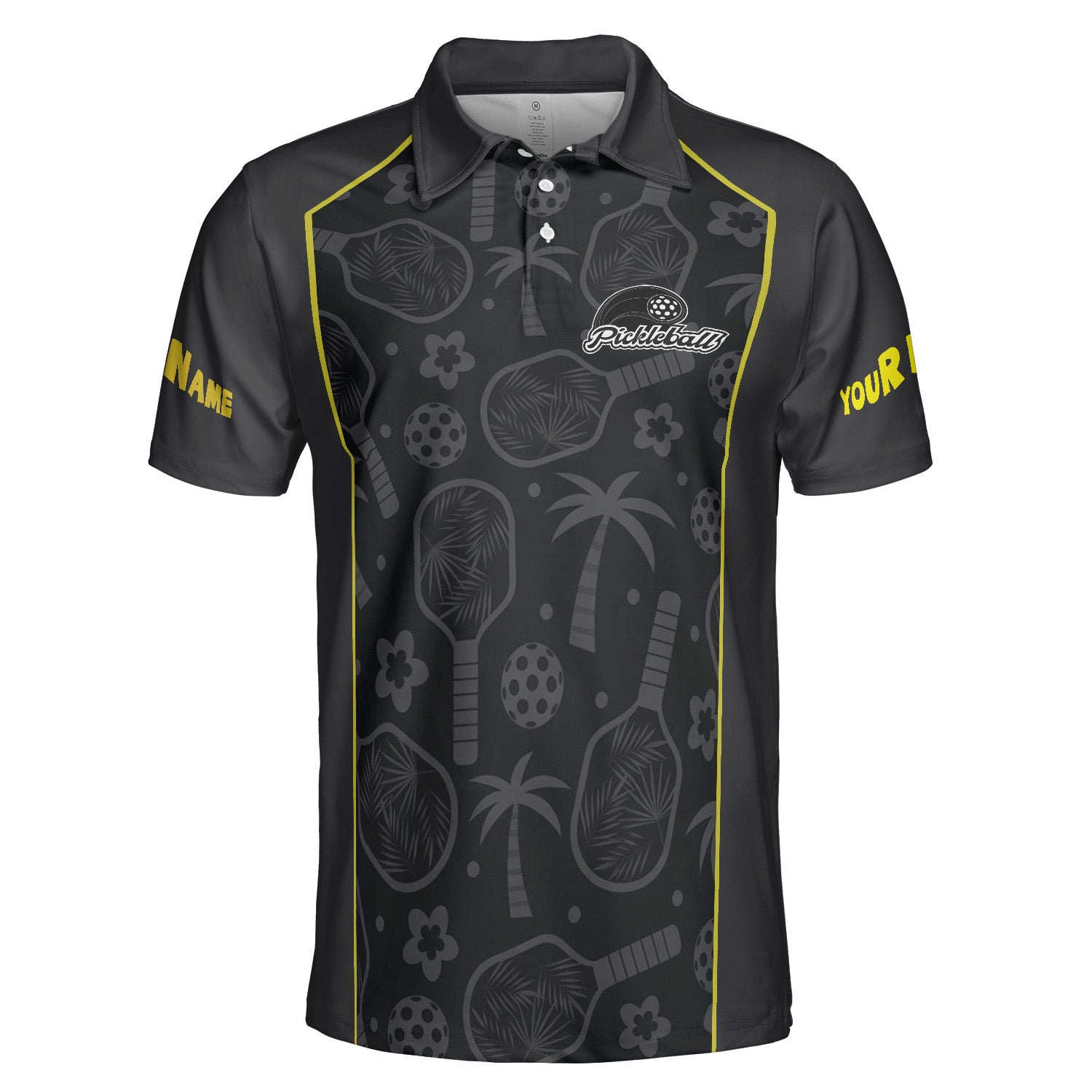 Dark gray pickleball polo with palm paddle pattern yellow trim