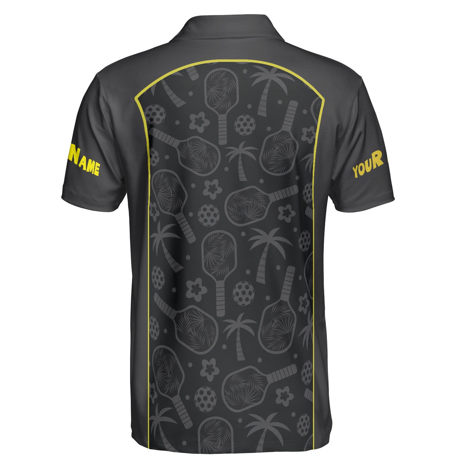 Dark gray pickleball polo with palm paddle pattern yellow trim variant 2