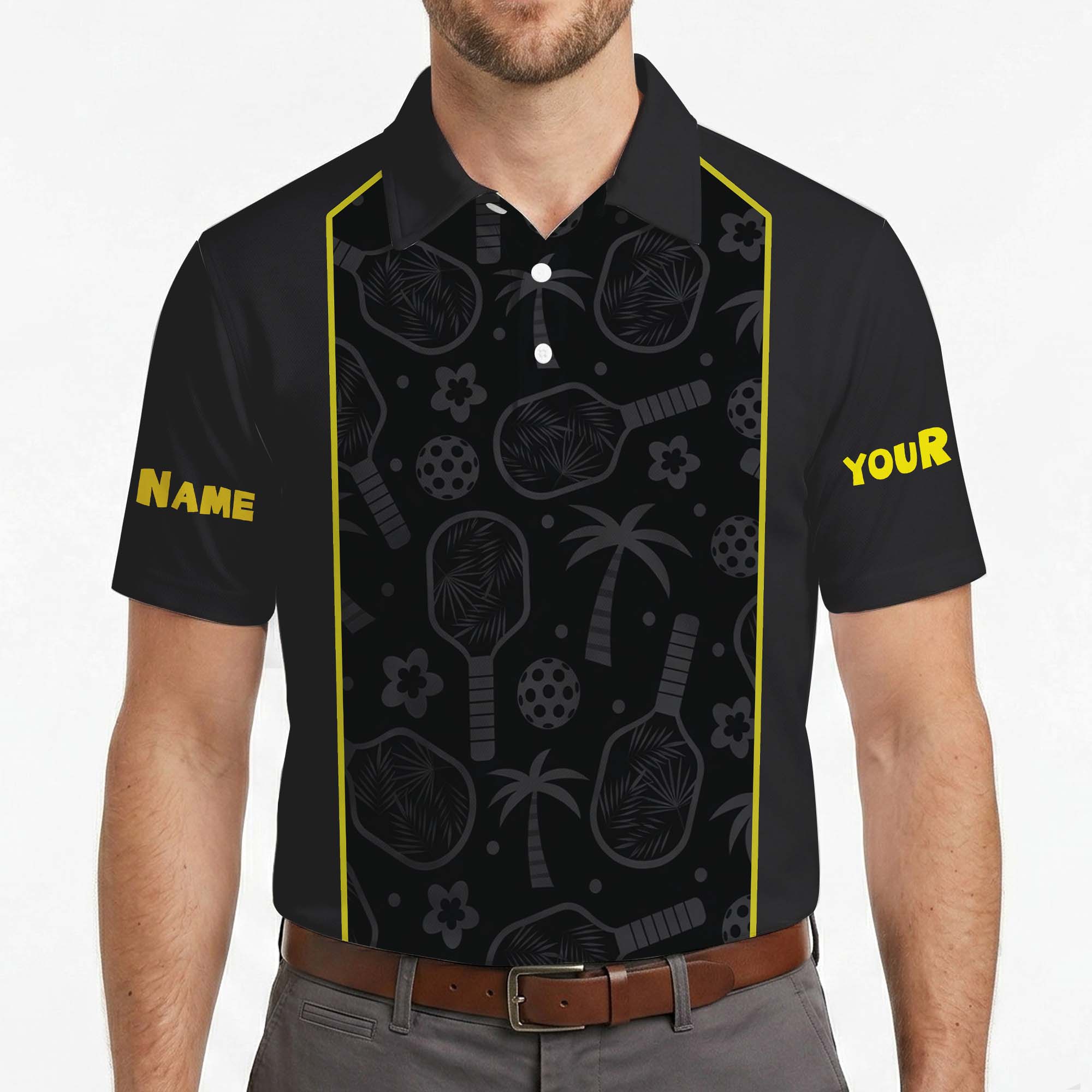 Dark gray pickleball polo with palm paddle pattern yellow trim variant 4