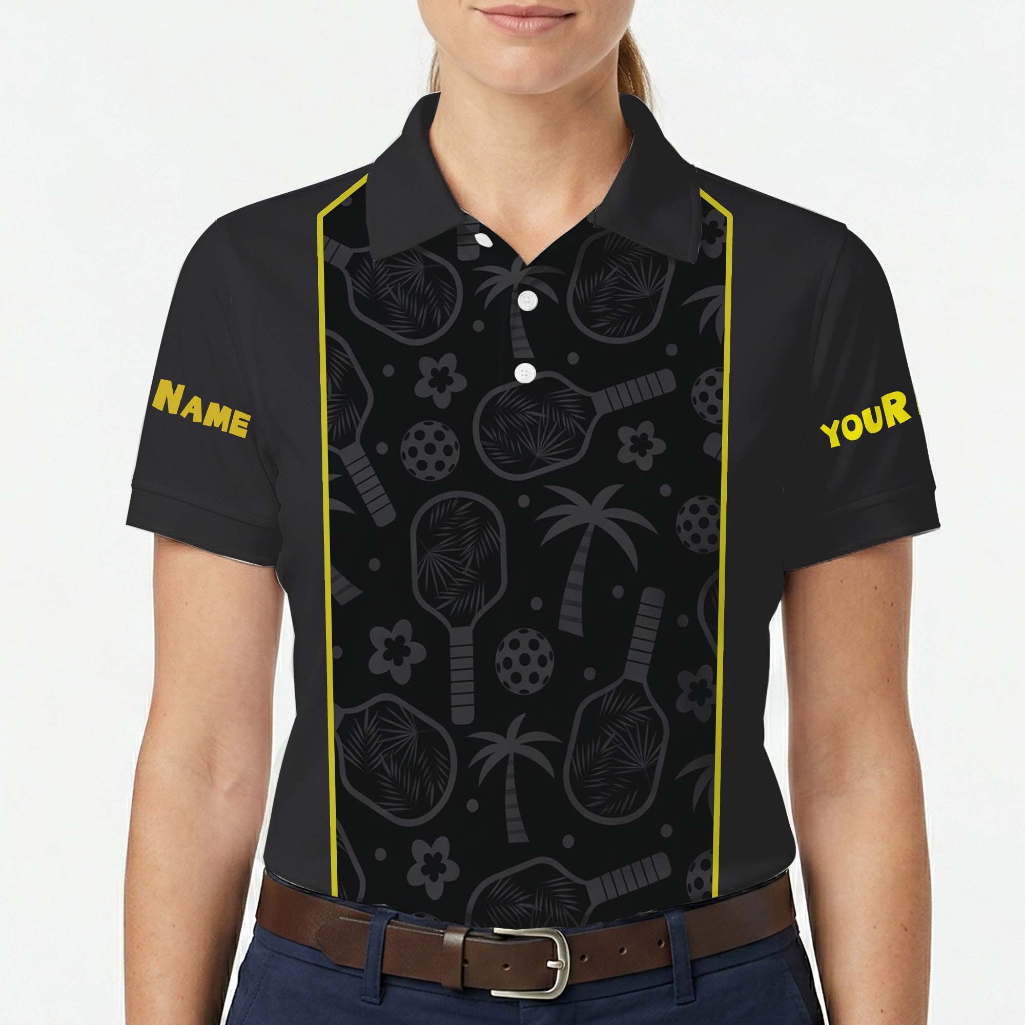 Dark gray pickleball polo with palm paddle pattern yellow trim variant 5