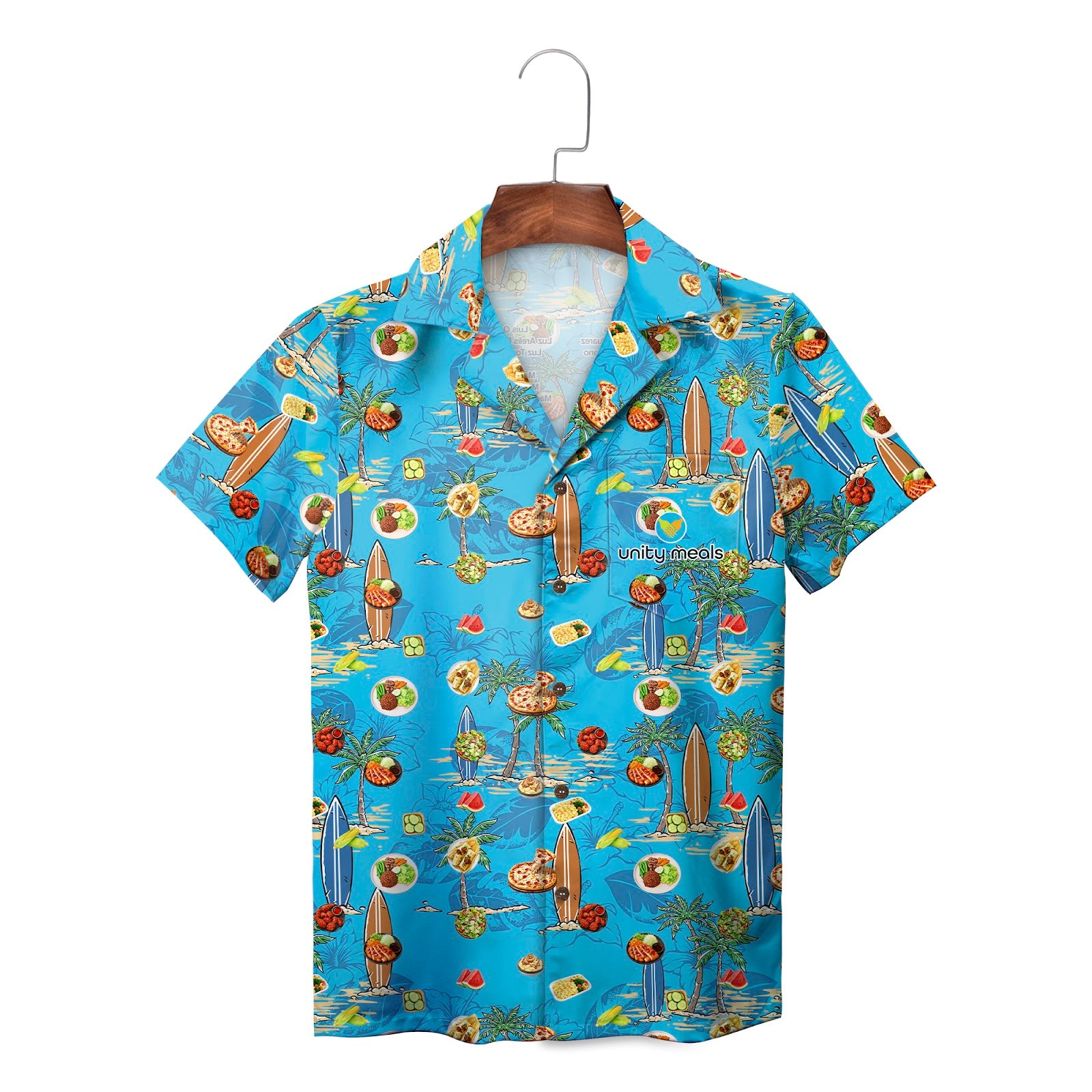 Sky blue Hawaiian shirt with surfboards palms and food print
