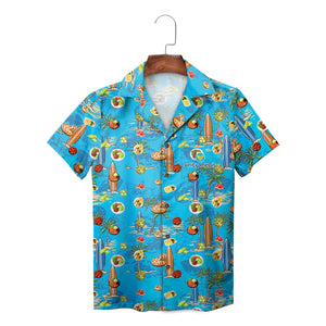 Sky blue Hawaiian shirt with surfboards palms and food print