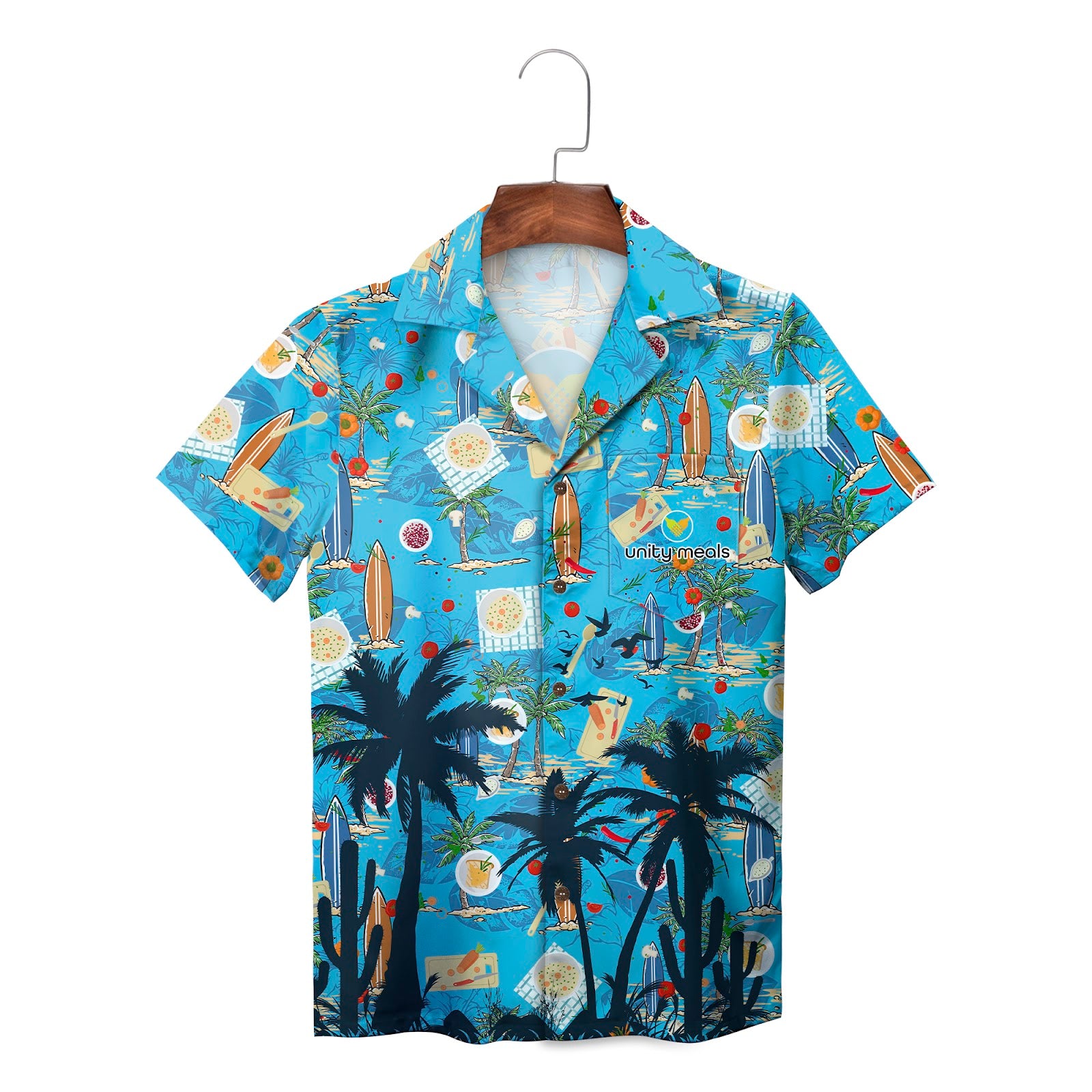 Sky blue Hawaiian shirt with surfboards palms and food print variant 2