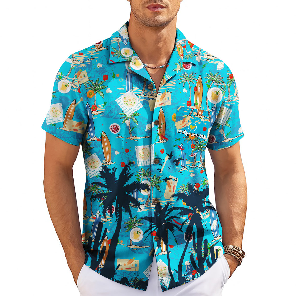 Sky blue Hawaiian shirt with surfboards palms and food print variant 5