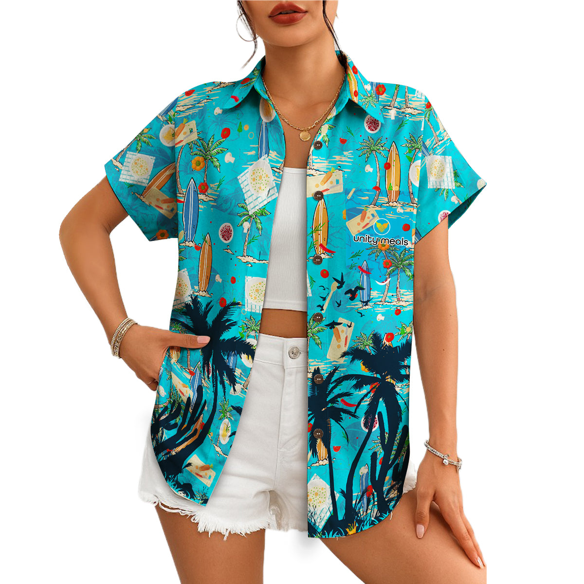 Sky blue Hawaiian shirt with surfboards palms and food print variant 6