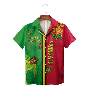 Green red split Vanuatu tribal turtle motif button up shirt