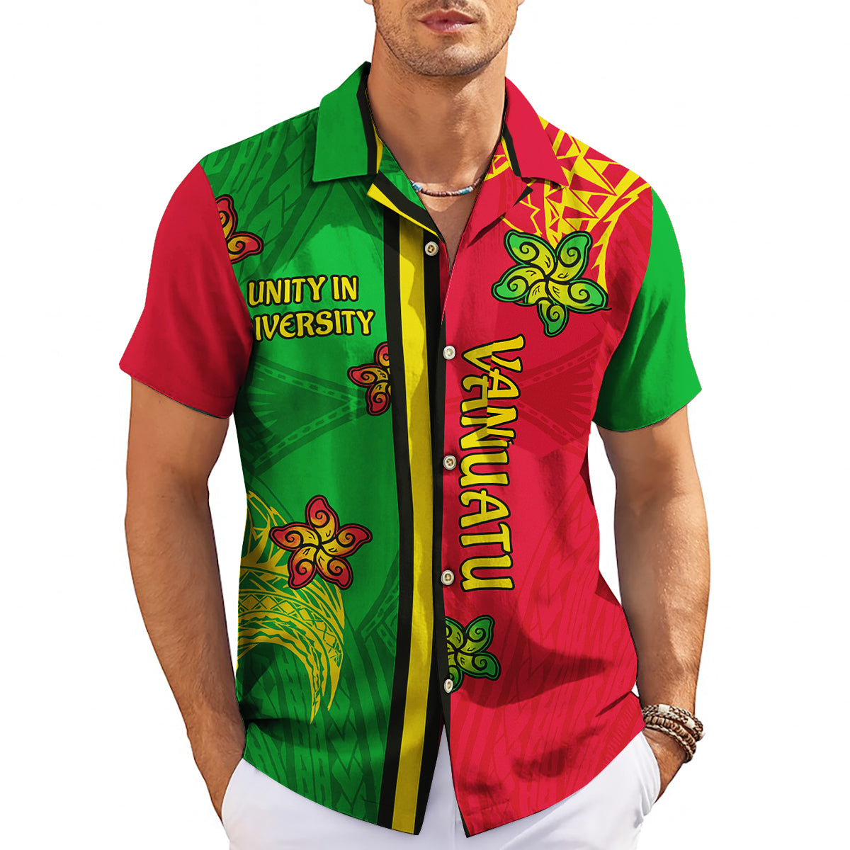 Green red split Vanuatu tribal turtle motif button up shirt variant 3