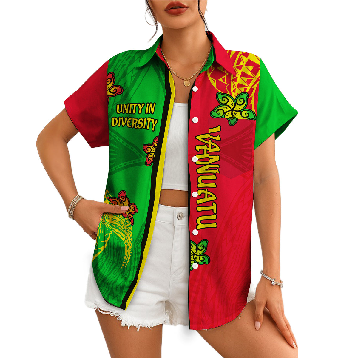 Green red split Vanuatu tribal turtle motif button up shirt variant 4