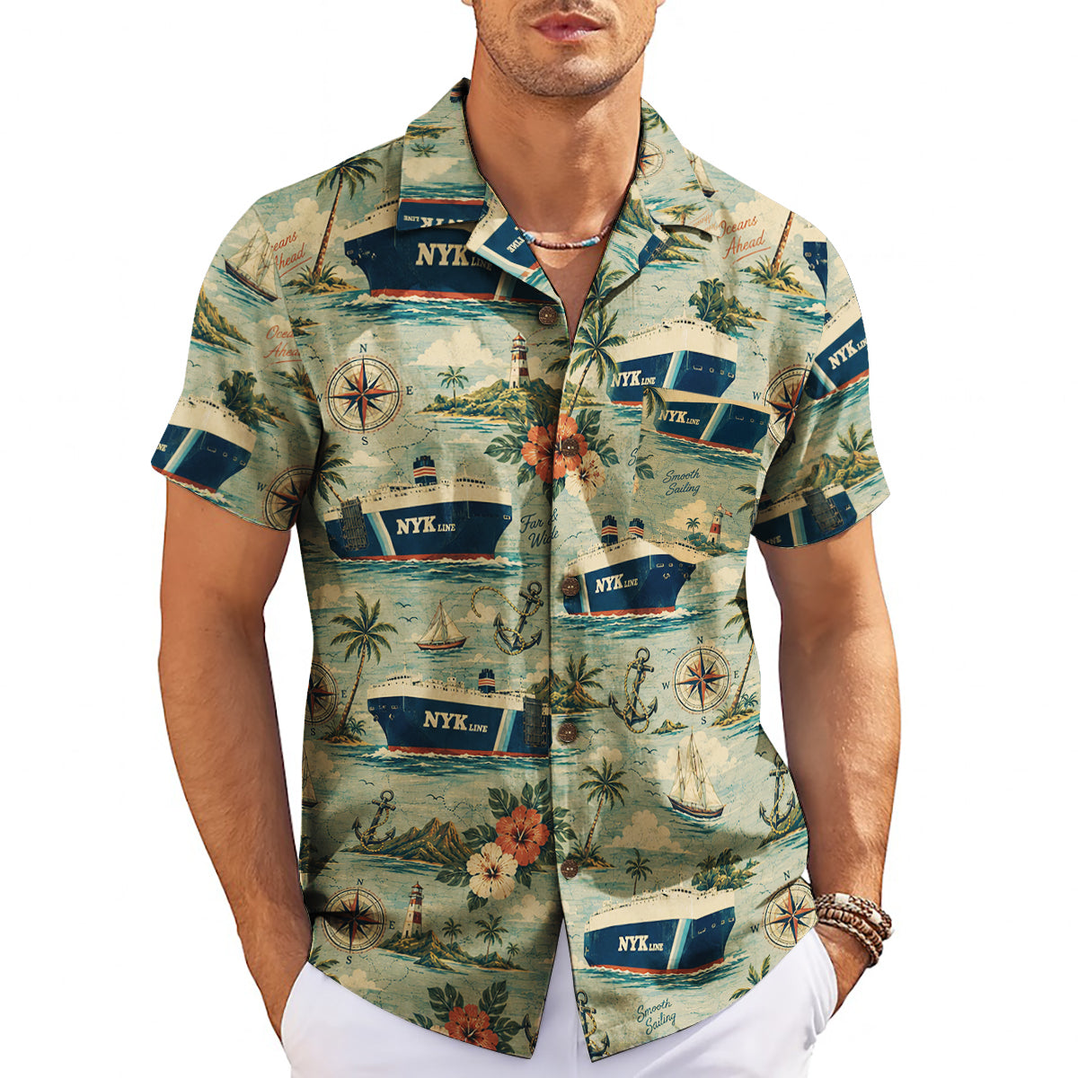 Sage green steamship print short sleeve shirt on wood hanger variant 3