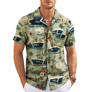 Sage green steamship print short sleeve shirt on wood hanger variant 3